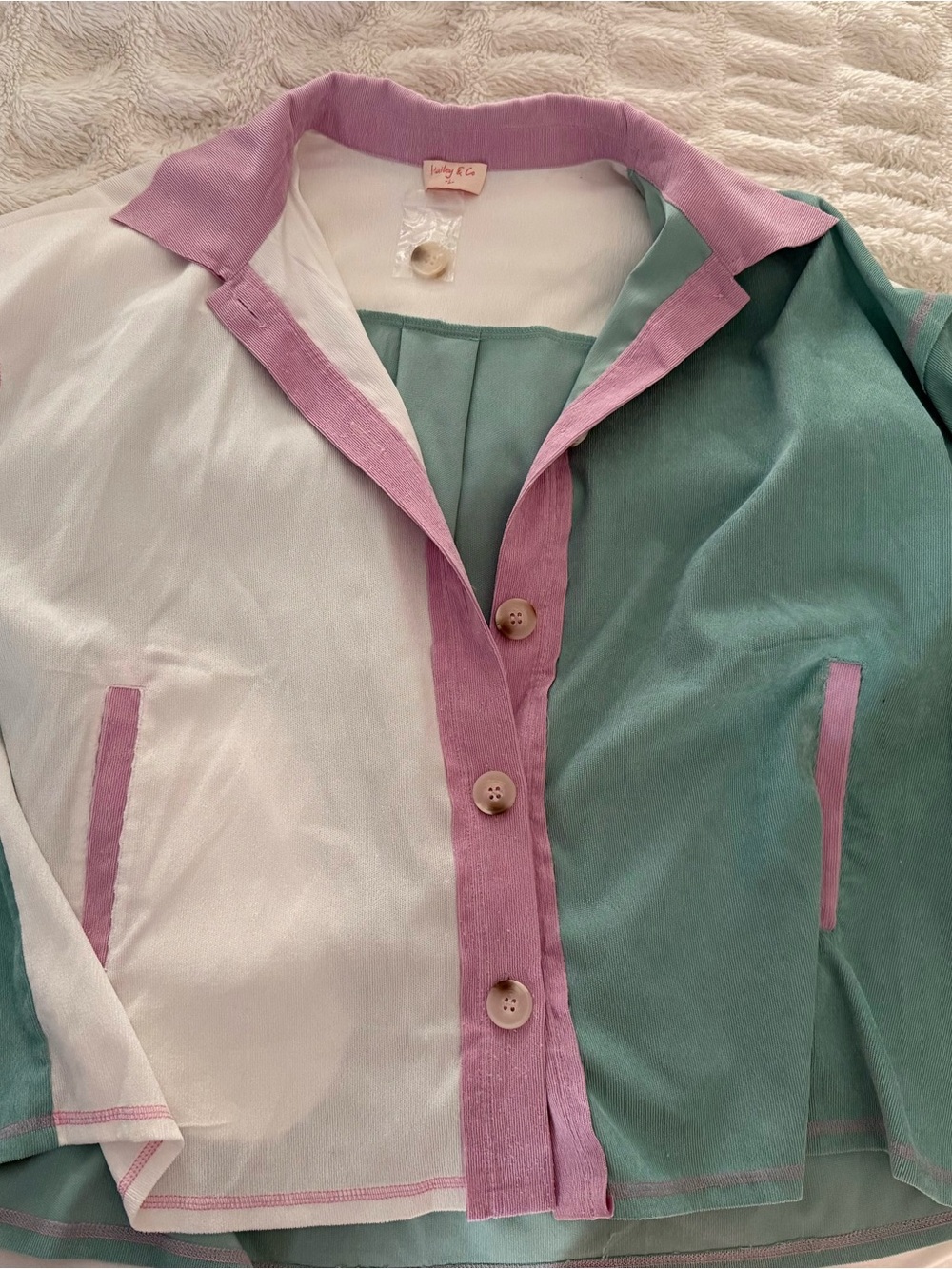 Colorblock Button-Down Shirt in Pink, White & Green